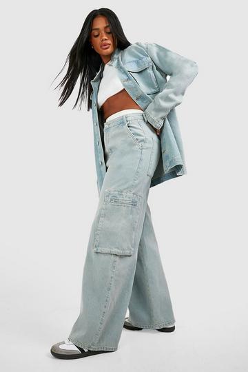 Zip Cargo Pocket Wide Leg Jeans bleached blue