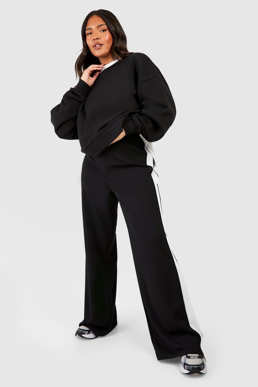 Pantaloni Plus Size a vita alta in crêpe con righe laterali, Black