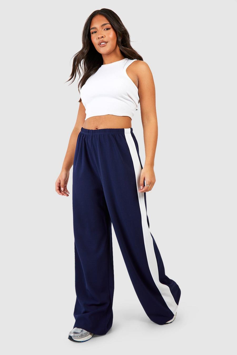Navy blu oltremare Plus Side Stripe High Waisted Crepe Trousers
