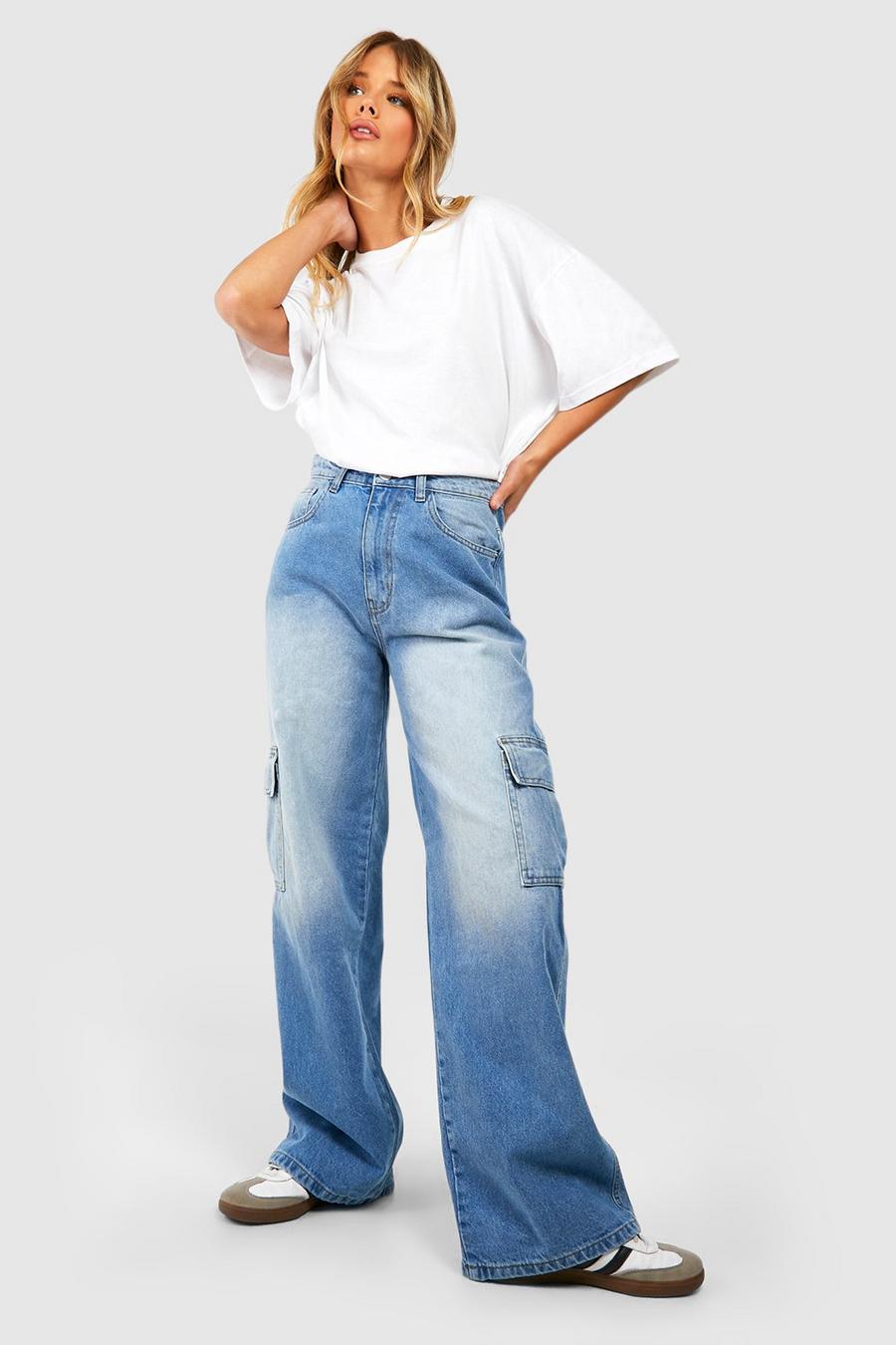 Jeans mit Cargo-Taschen, Washed blue