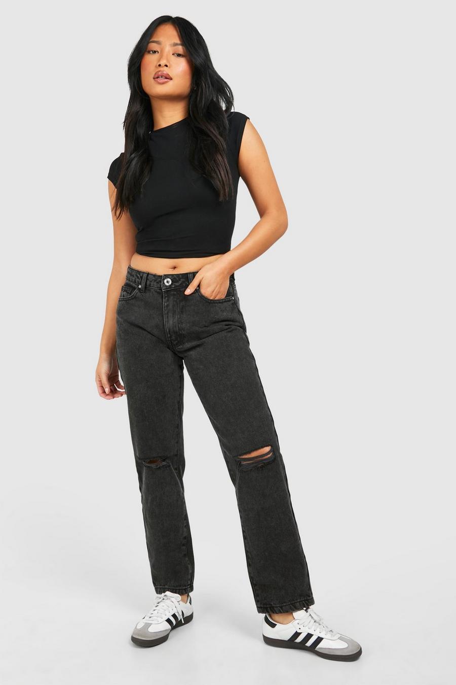 Petite zerrissene Basics Jeans mit geradem Bein, Washed black image number 1