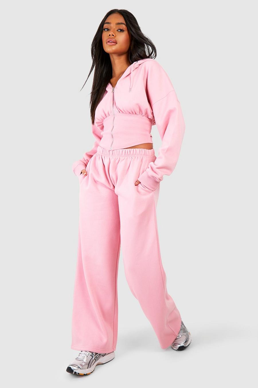 Pink Corset Zip Hoodie And Straight Leg Jogger Tracksuit