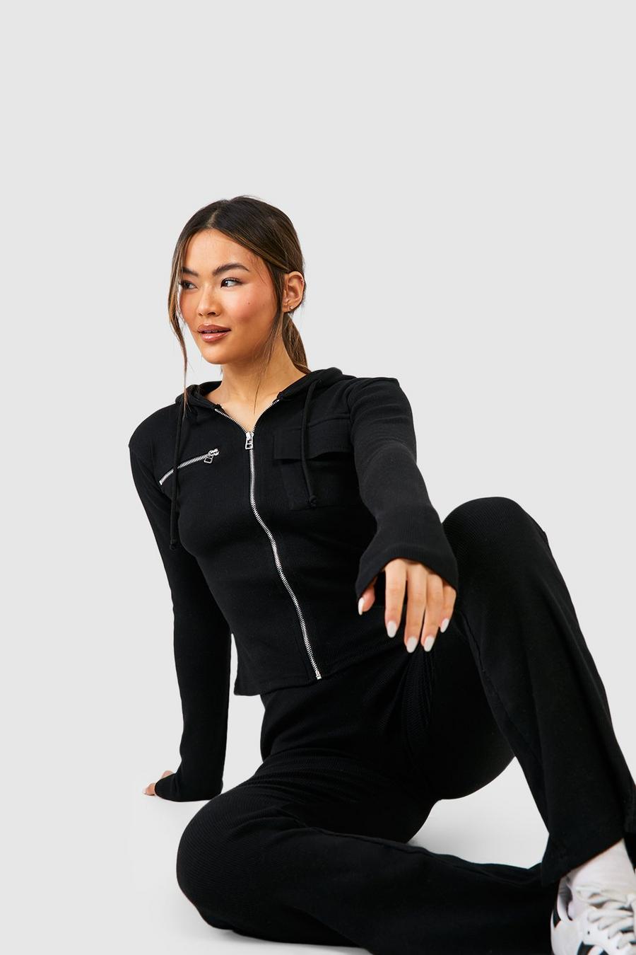 Black Premium Rib Zip Through Hoodie And Yoga Pant Set image number 1