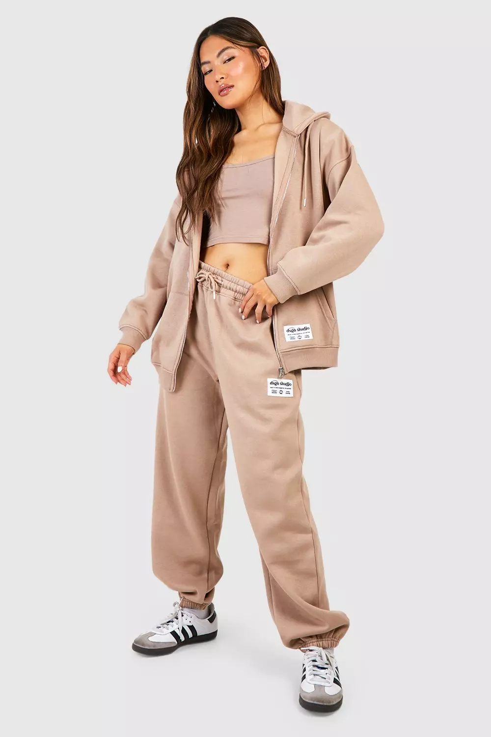 Taupe DSGN STUDIO 3 Piece Scoop Neck Top Zip Through Hoodie Tracksuit alternative image