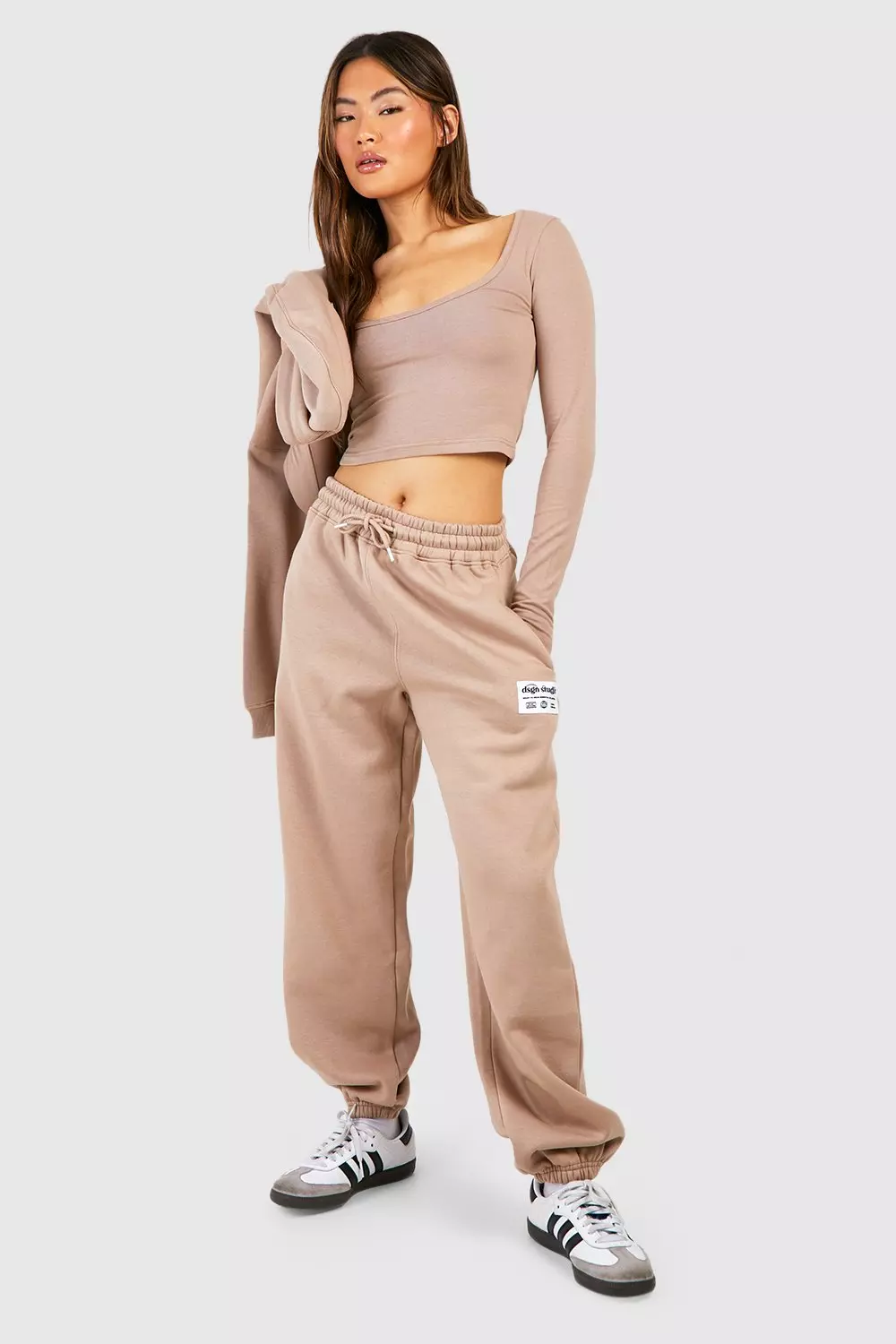 Taupe DSGN STUDIO 3 Piece Scoop Neck Top Zip Through Hoodie Tracksuit alternative image