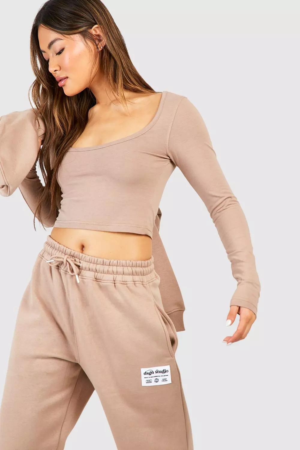 Taupe DSGN STUDIO 3 Piece Scoop Neck Top Zip Through Hoodie Tracksuit alternative image