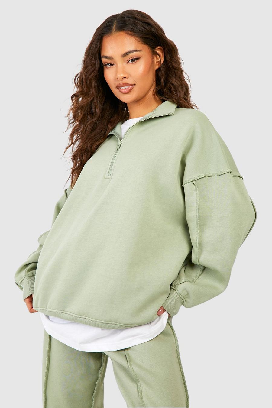 Sage Oversize sweatshirt med kort dragkedja och synliga sömmar image number 1