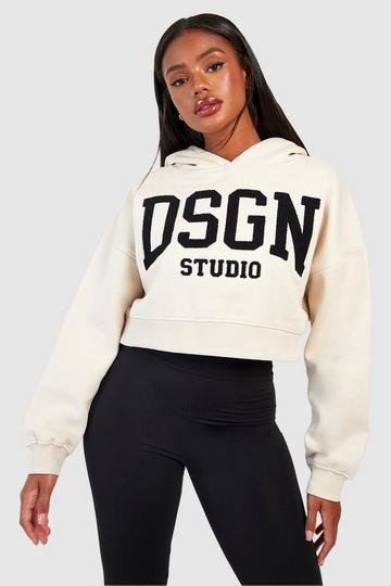 Dsgn Studio Toweling Applique Cropped Hoodie stone