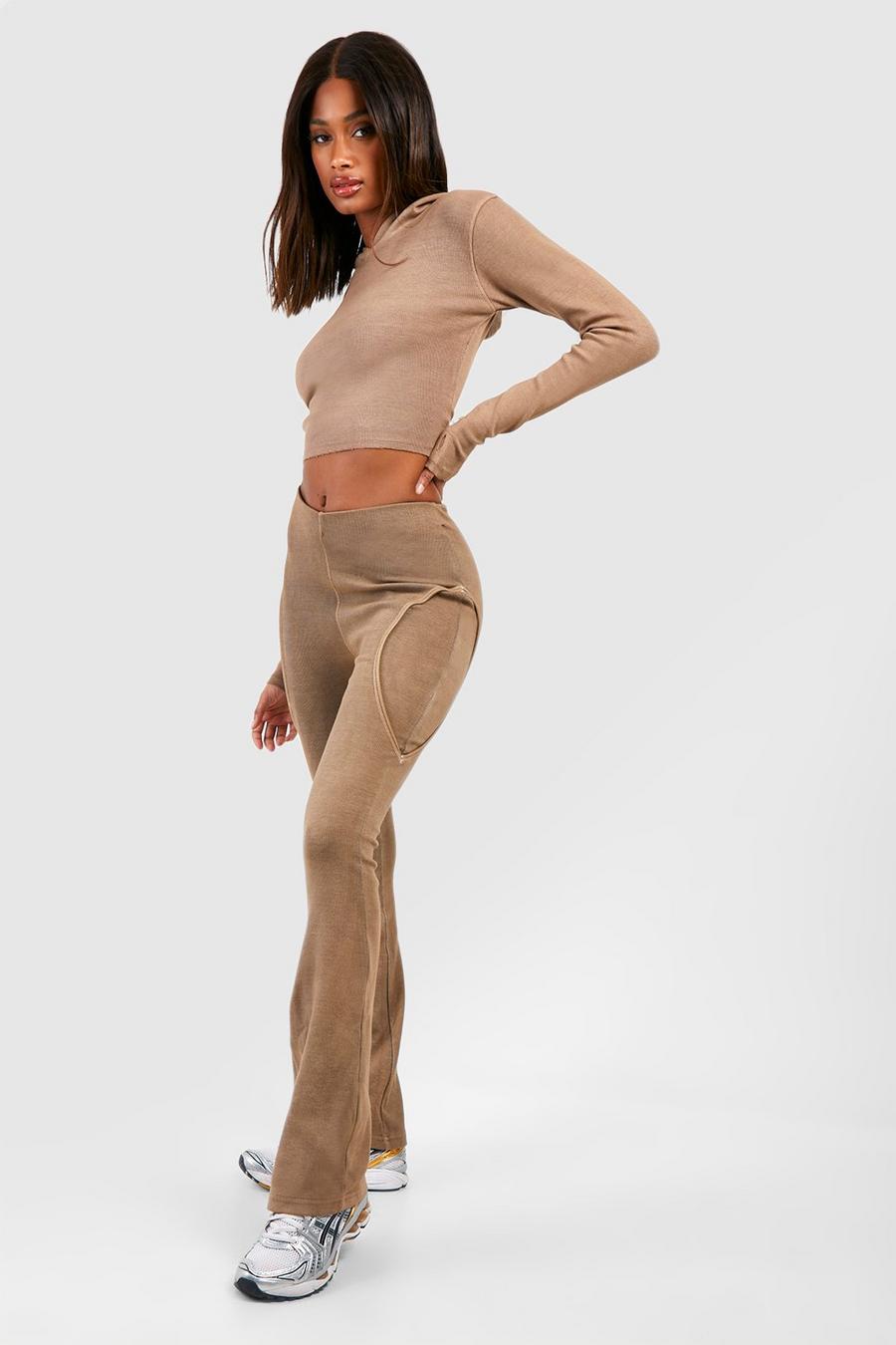 Mocha Premium Washed Rib Seam Detail Flared Legging