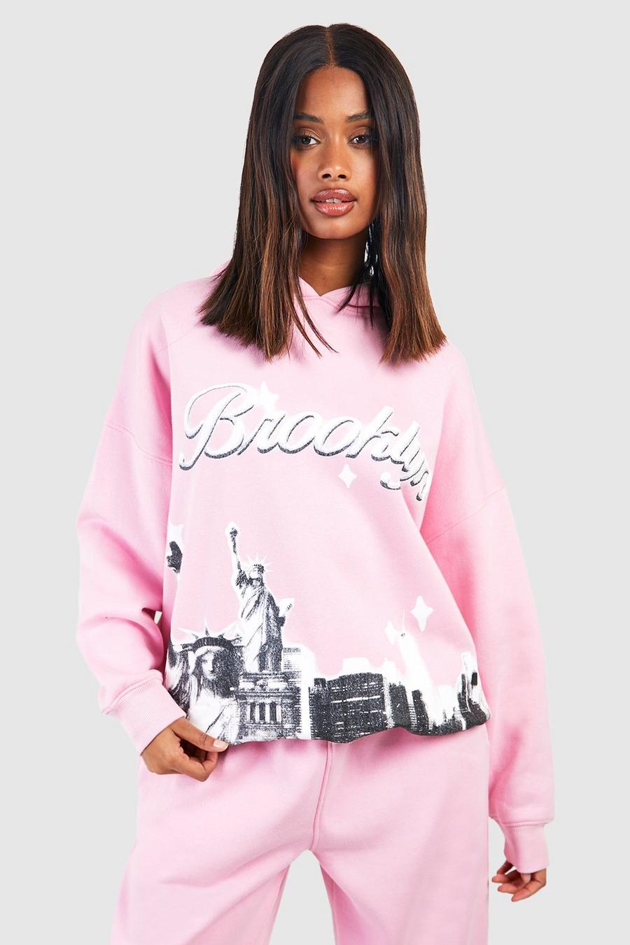 Sudadera oversize con capucha y estampado de Brooklyn, Light pink image number 1