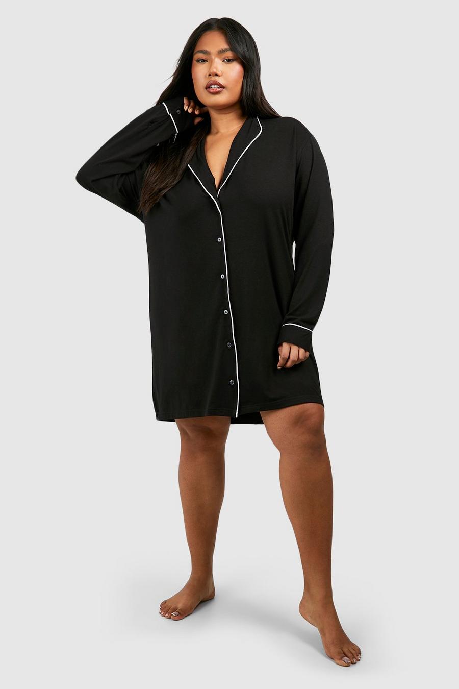 Black Plus Super Soft Piping Detail Long Sleeve Pj Night Shirt image number 1