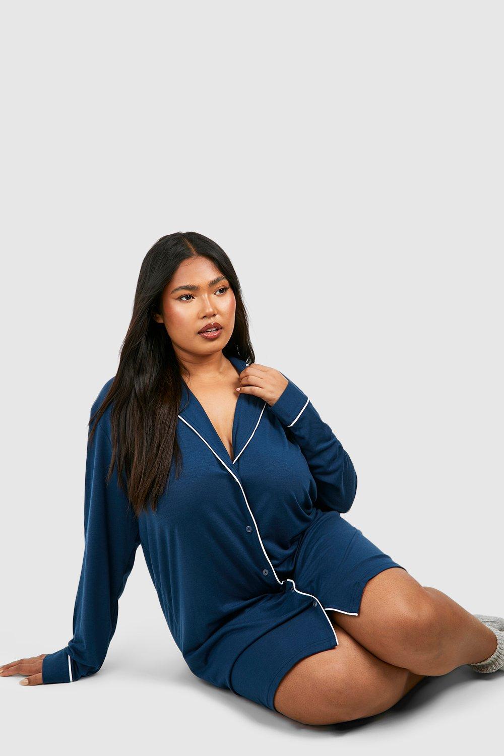 Plus Super Soft Piping Detail Long Sleeve Pj Night Shirt boohoo