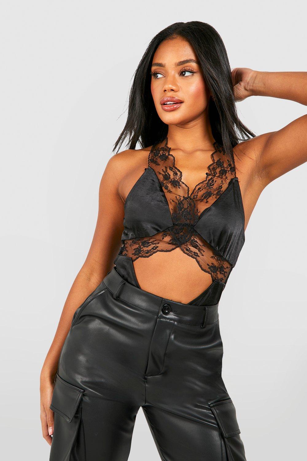 Buy Boohoo Lace Detail Ruched Side Bodysuit Top In Black