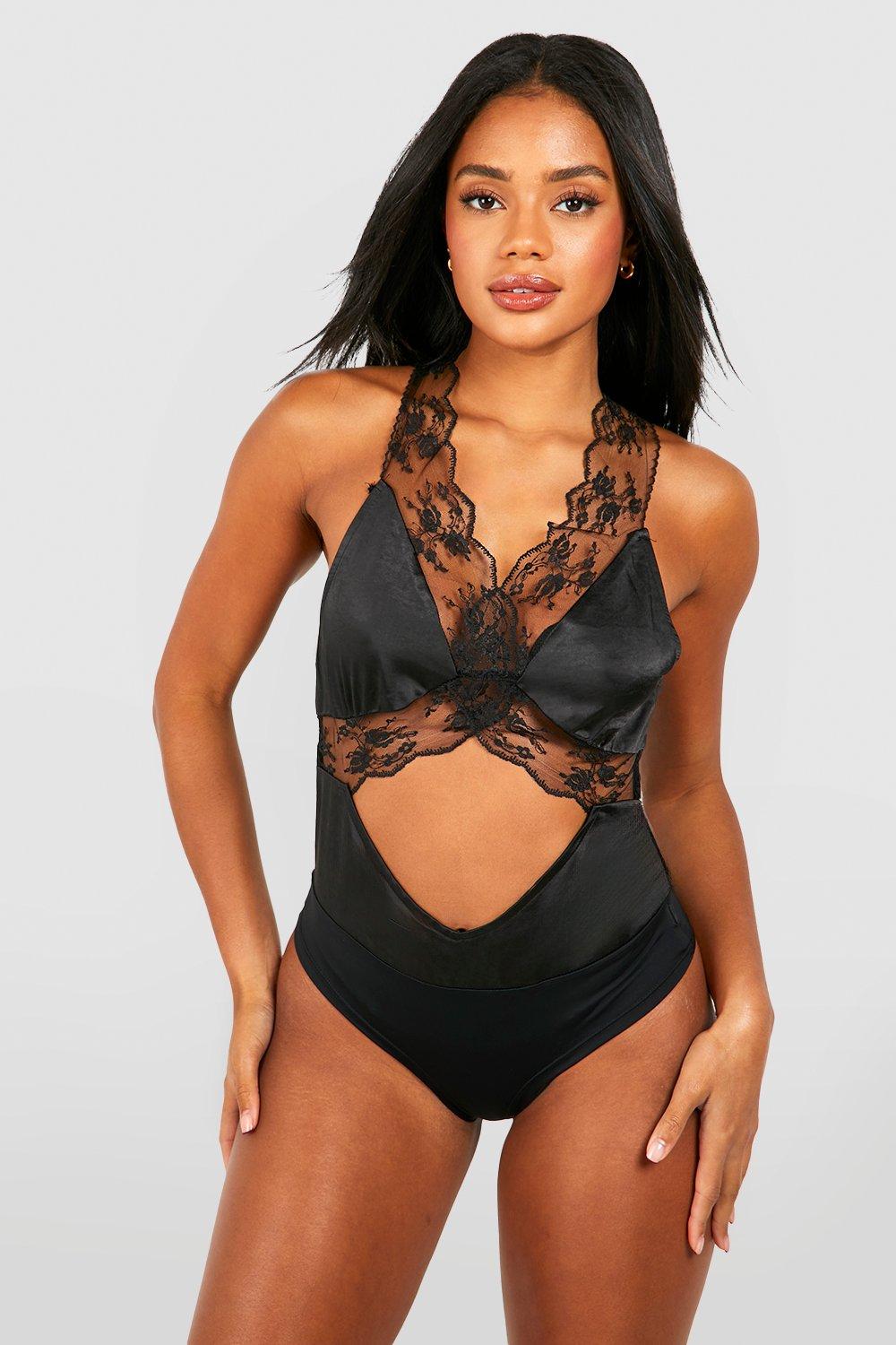 Lace-trimmed Satin Bodysuit - Black - Ladies