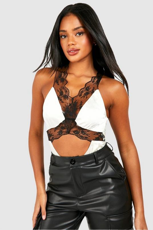 boohoo Lace Trim Satin Bodysuit