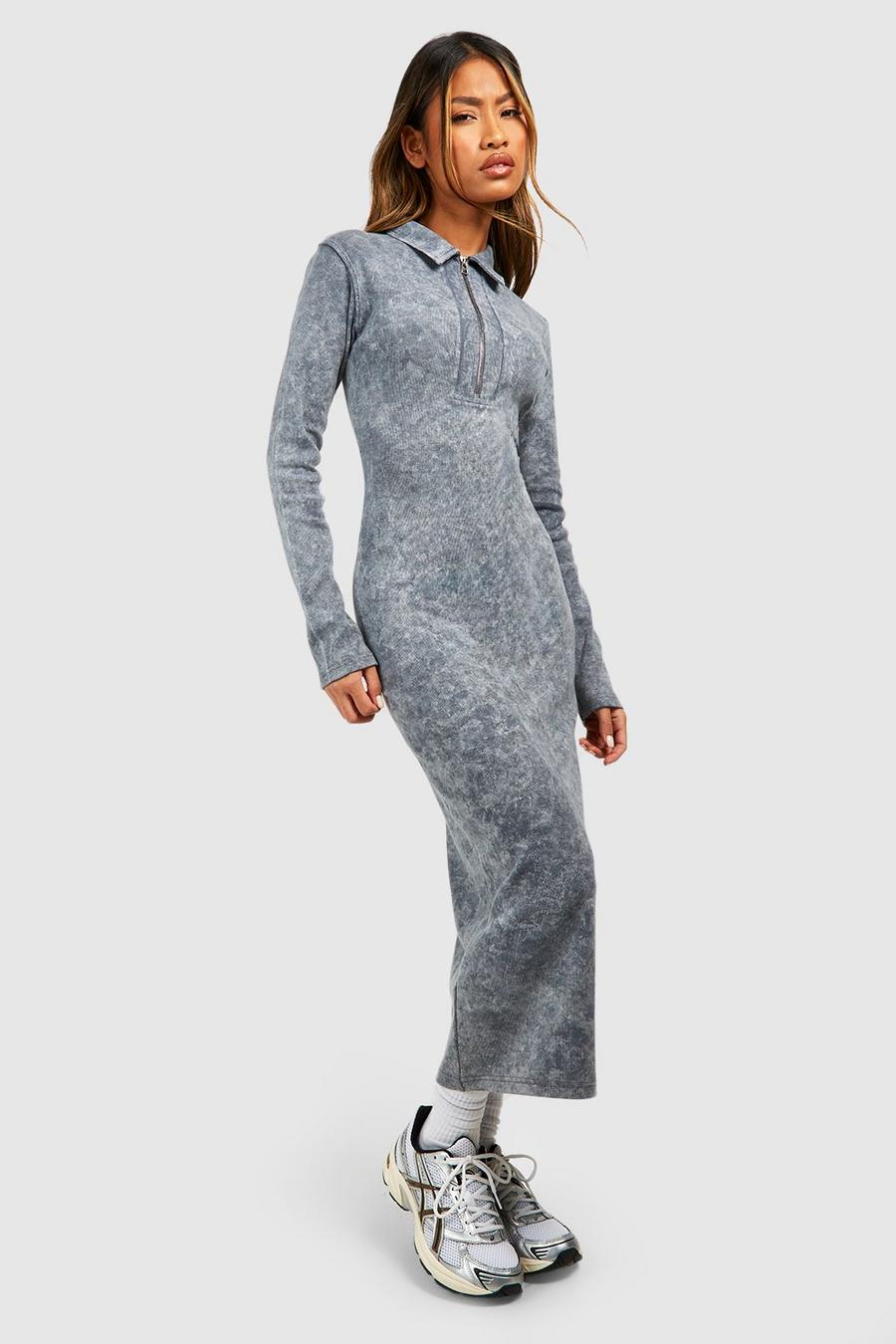 Vestito longuette in lavaggio acido con zip corta, Grey image number 1
