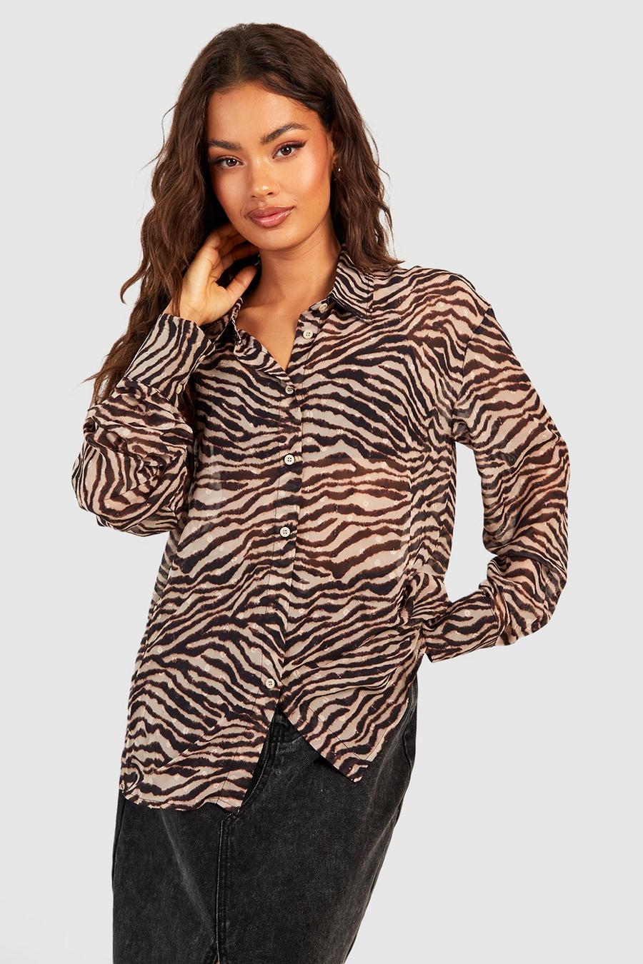 Chiffon Hemd mit Tiger-Print, Chocolate image number 1
