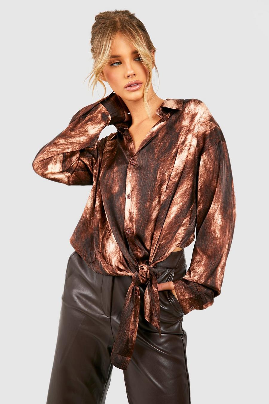 Chocolate Satin  Abstract Tie Side Shirt image number 1