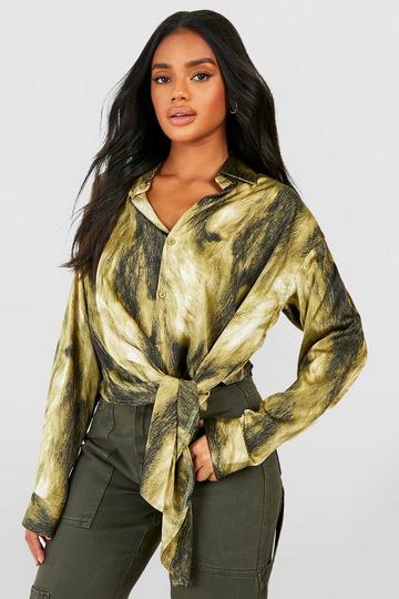 Khaki Satin Abstract Tie Side Shirt