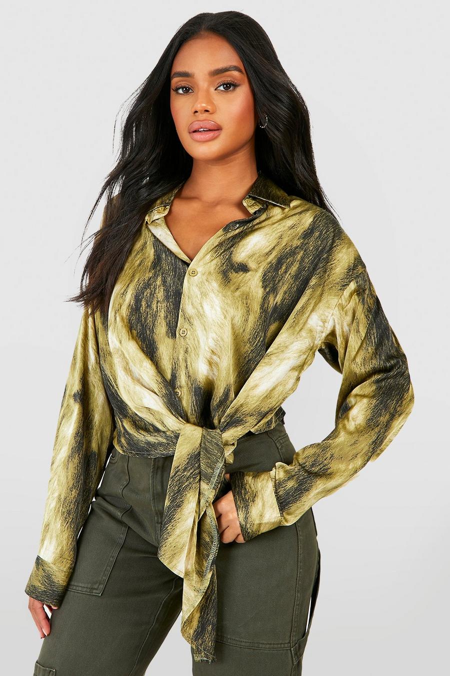 Khaki Satin  Abstract Tie Side Shirt image number 1