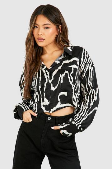 Satin Abstract Boxy Crop Shirt black