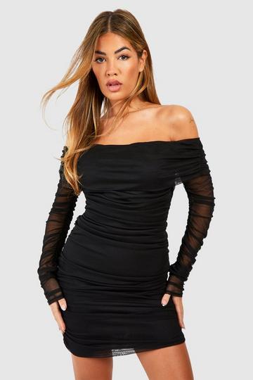 Black Rouched Mesh Bardot Mini Dress