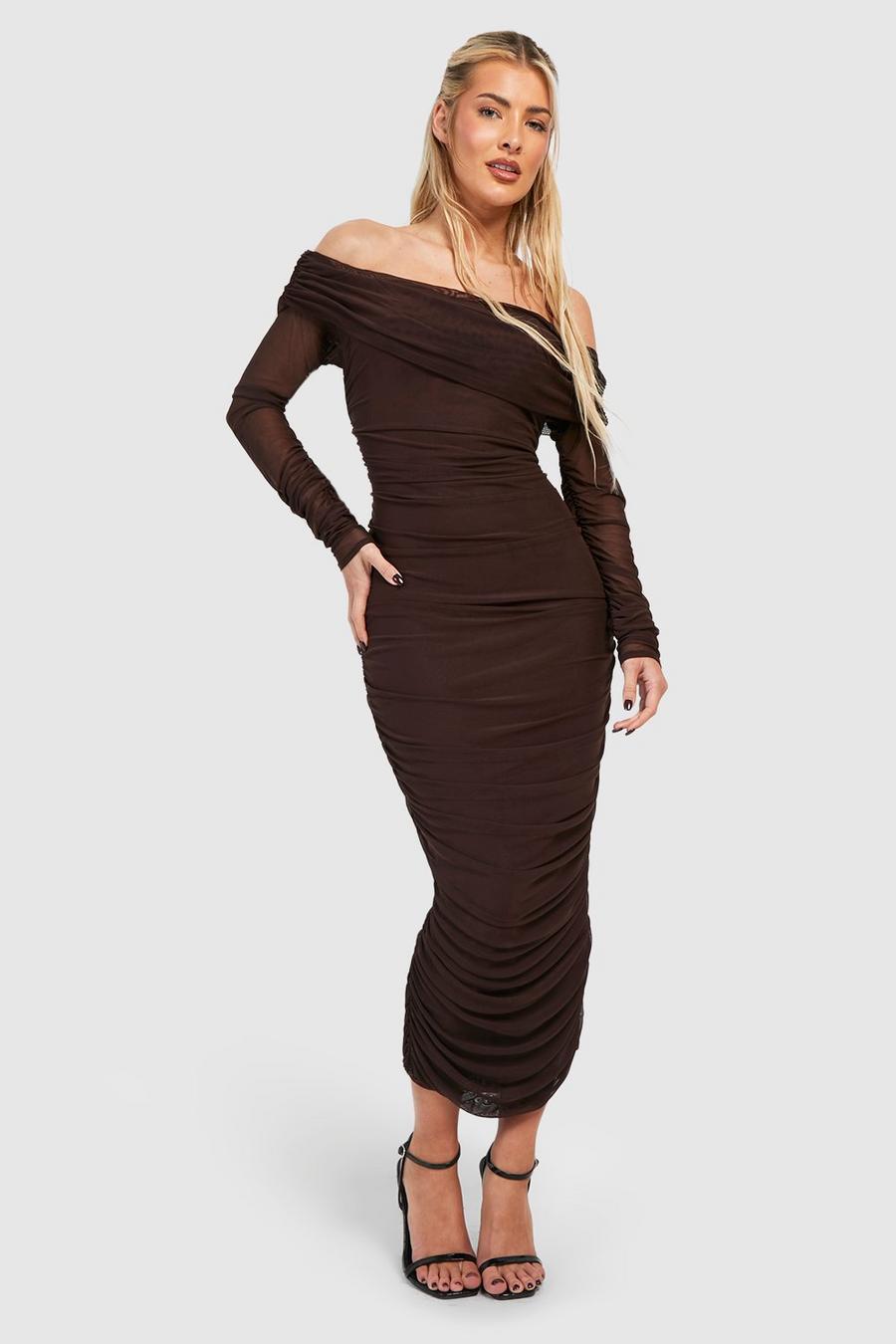 Chocolate Rouched Mesh Bardot Midaxi Dress image number 1