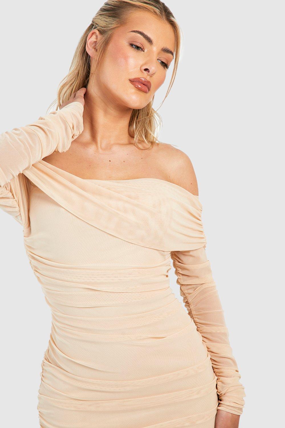 Stone ruched mesh store bardot bodycon dress