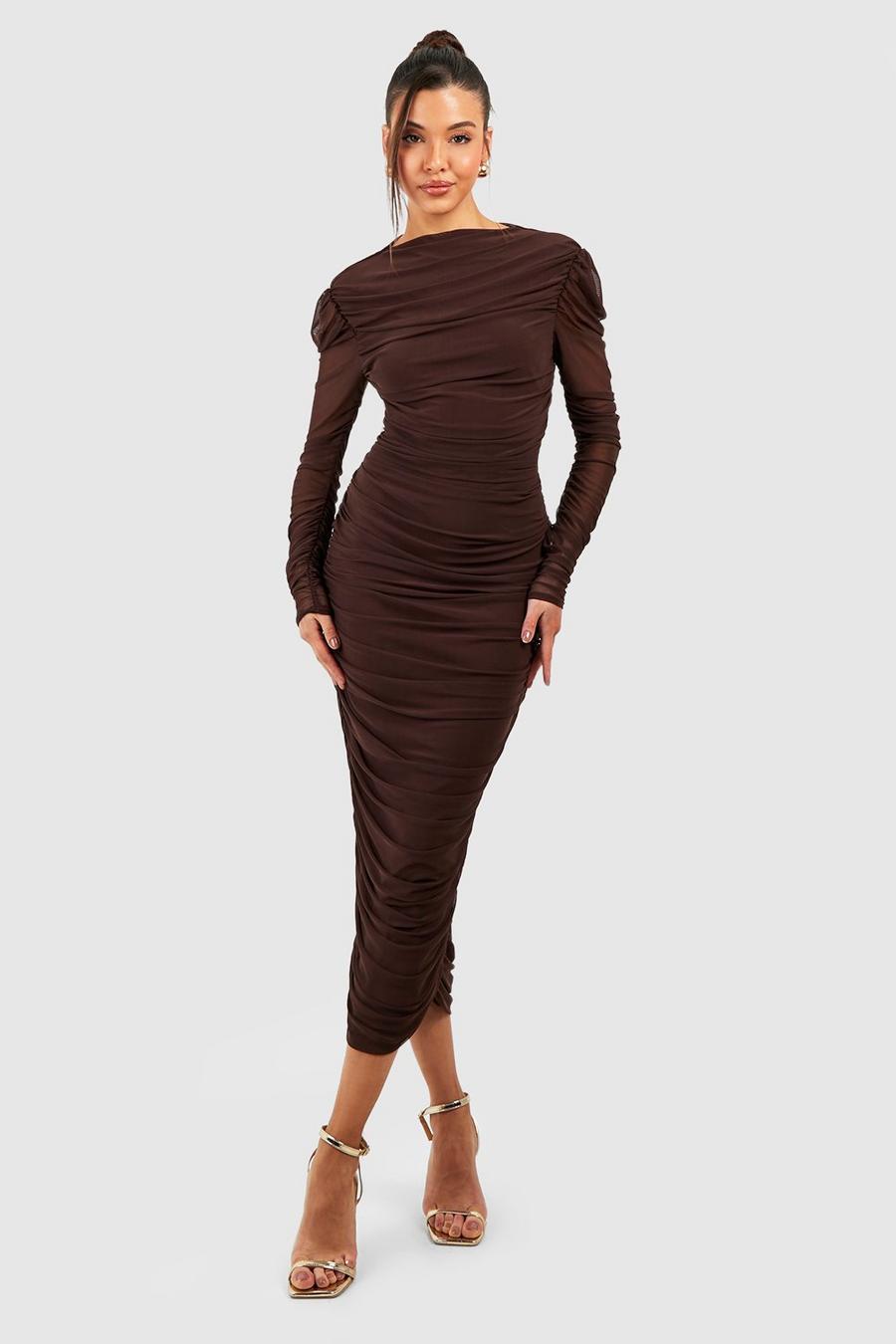 Chocolate Rouched Mesh High Neck Midaxi Dress image number 1