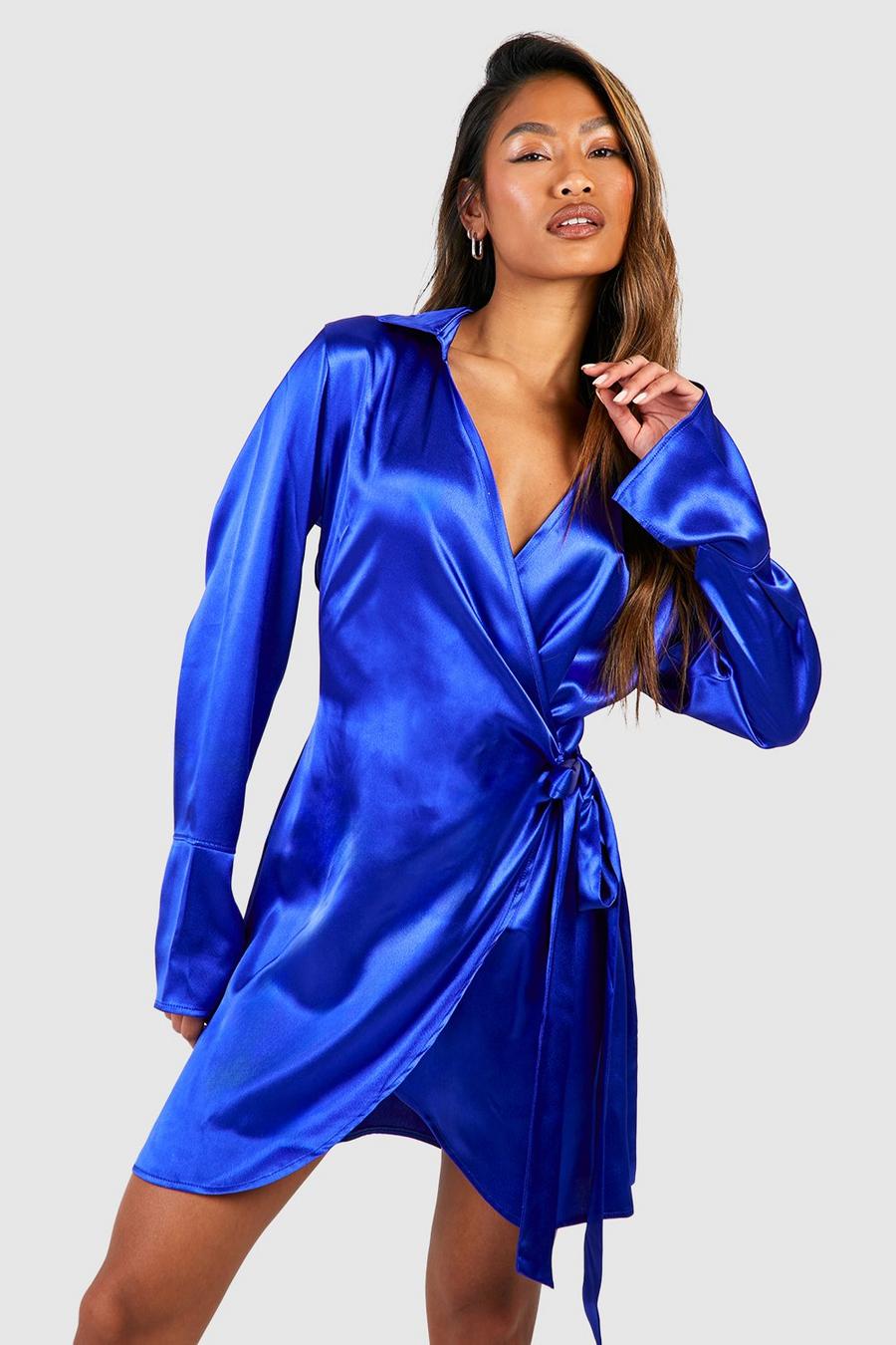 Cobalt Satin Wrap Mini Shirt Dress image number 1