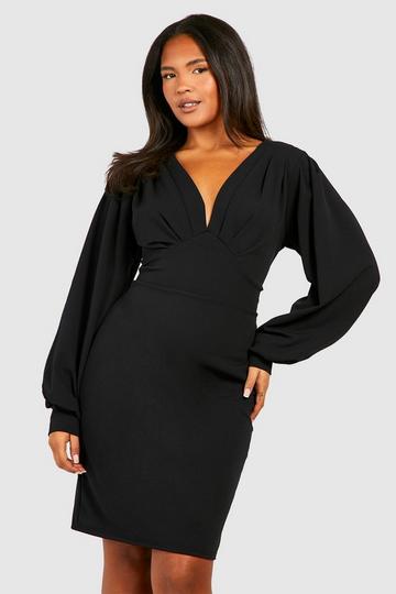 Black Plus Pleat Detail Blouson Sleeve Midi Dress