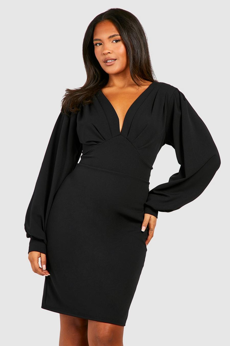 Black Plus Pleat Detail Blouson Sleeve Midi Dress image number 1