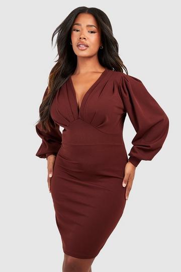 Plus Pleat Detail Blouson Sleeve Midi Dress chocolate