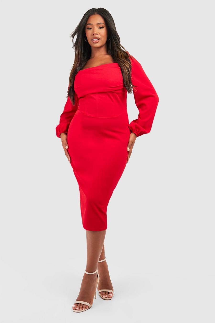 Vestito midi Plus Size drappeggiato con dettagli stile corsetto, Red image number 1