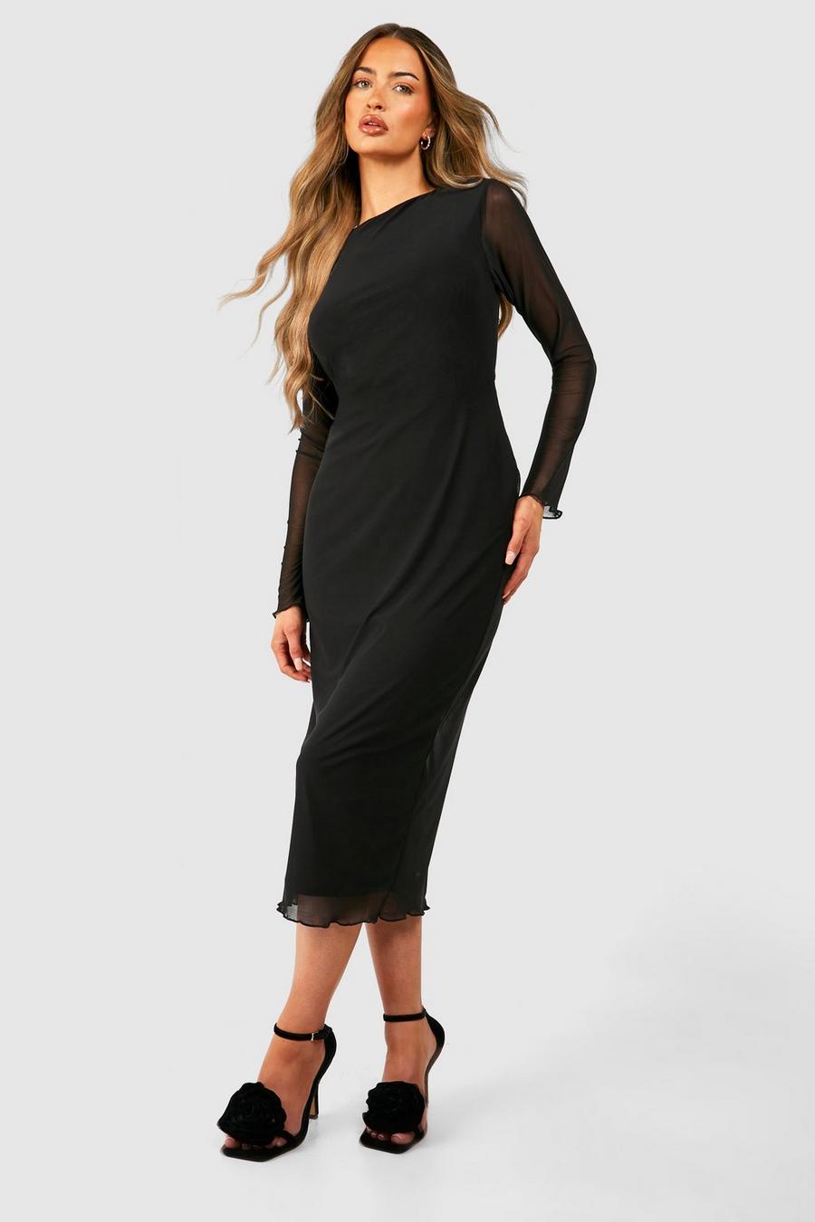 Black Mesh Long Sleeve Midaxi Dress