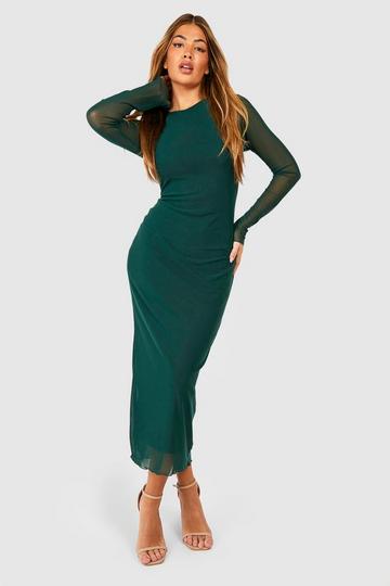 Green Mesh Long Sleeve Midi Dress