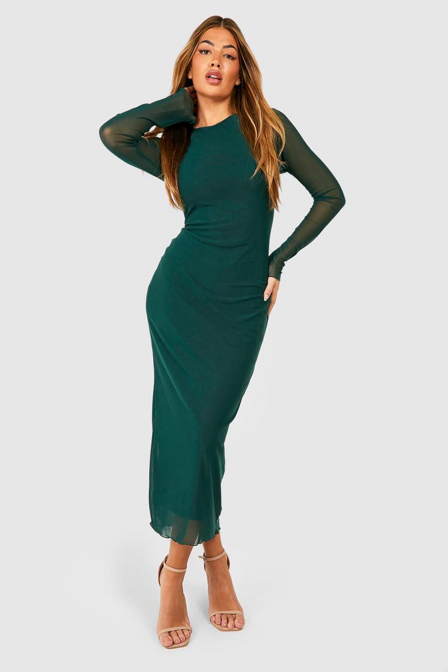 Bottle green Mesh Long Sleeve Midaxi Dress image number 1