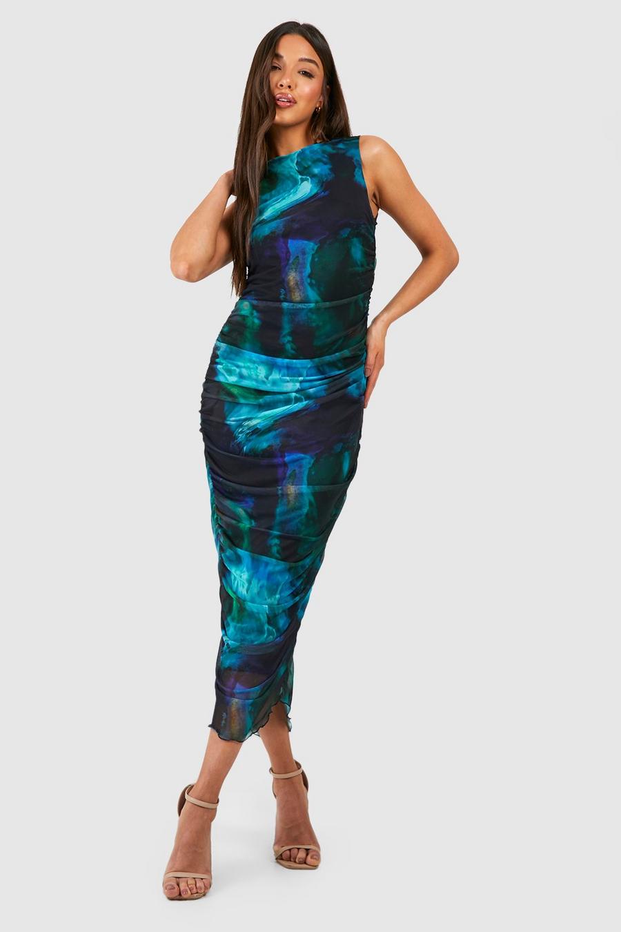 Green Abstract Print Ruched Mesh Midi Dress image number 1
