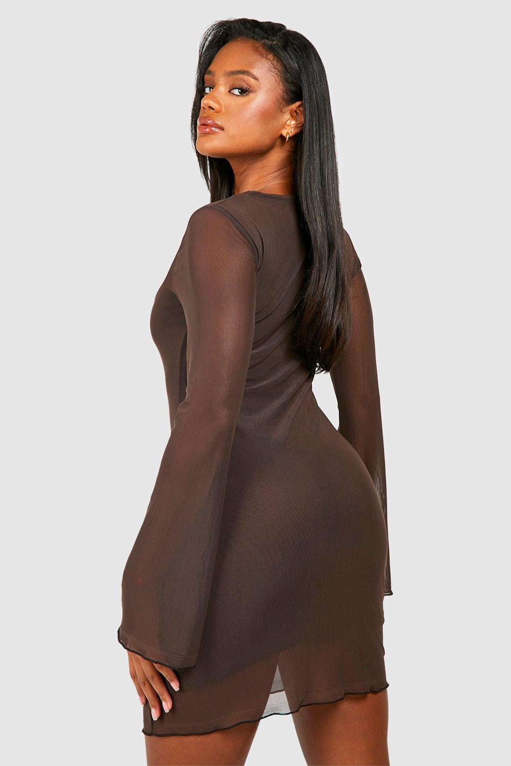 Mesh Extreme Flare Sleeve Ruched Mini Dress