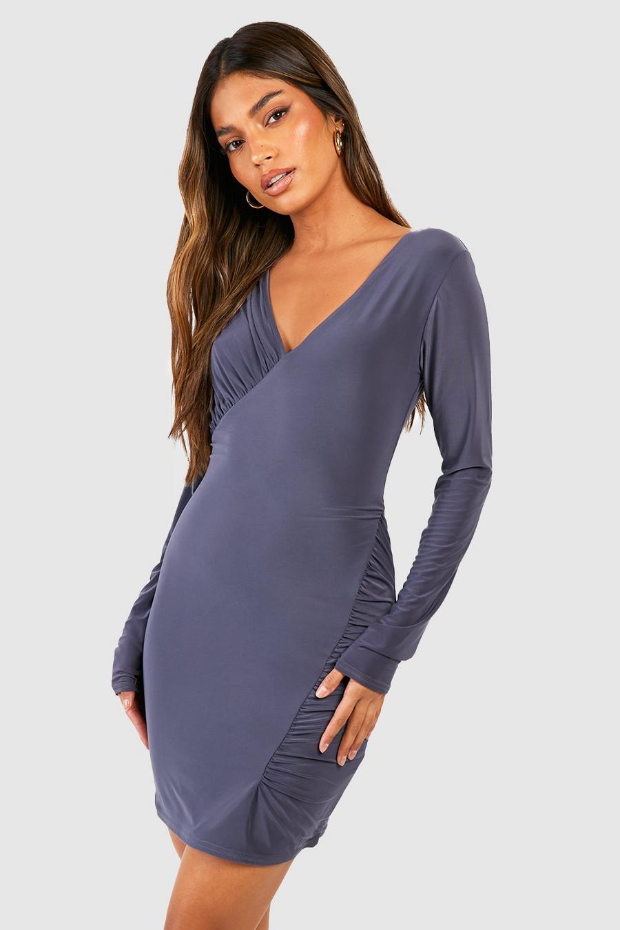 Charcoal grey Double Slinky Ruched Mini Dress