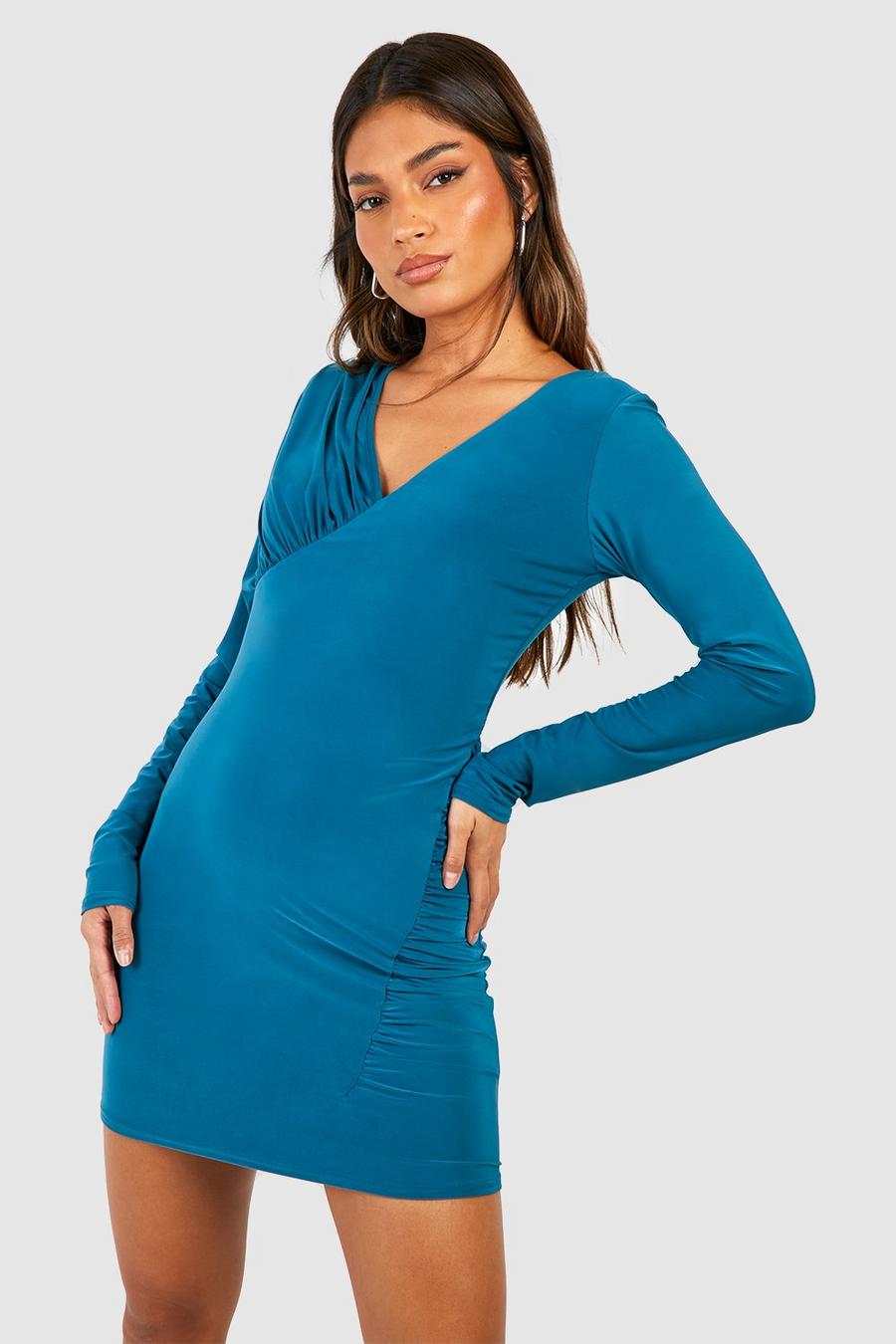 Slate blue Double Slinky Ruched Mini Dress