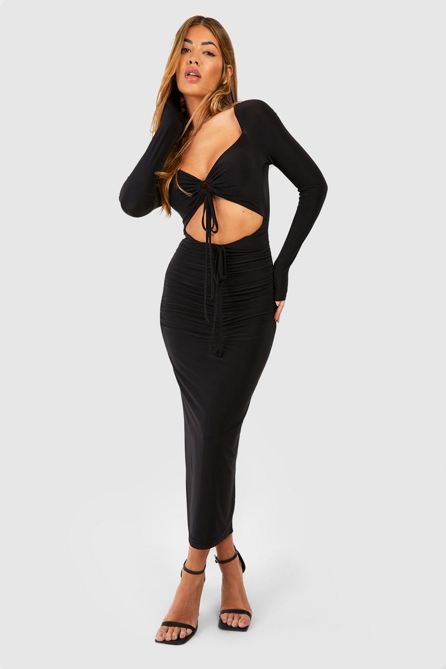 Black Double Slinky Cut Out Midi Dress image number 1