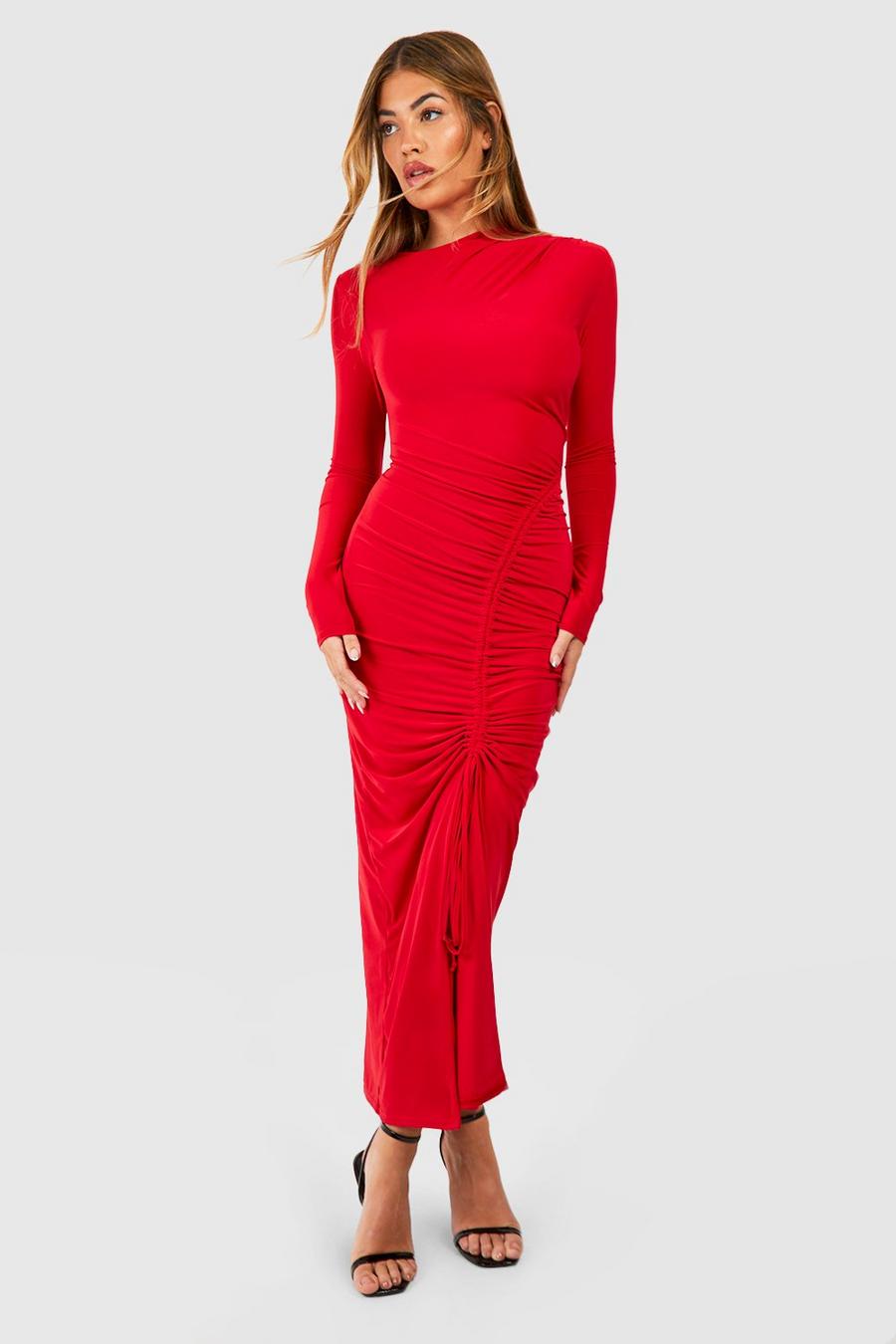 Red Double Slinky Long Sleeve Ruched Midaxi Dress image number 1