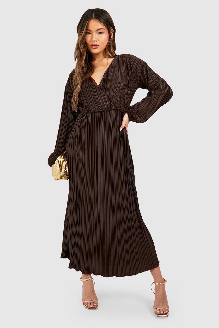Chocolate Wide Plisse Wrap Midaxi Dress image number 1