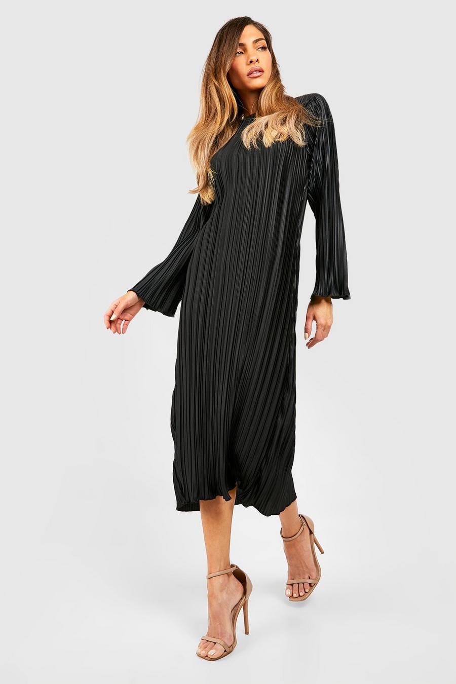 Black Wide Plisse Midi Dress image number 1