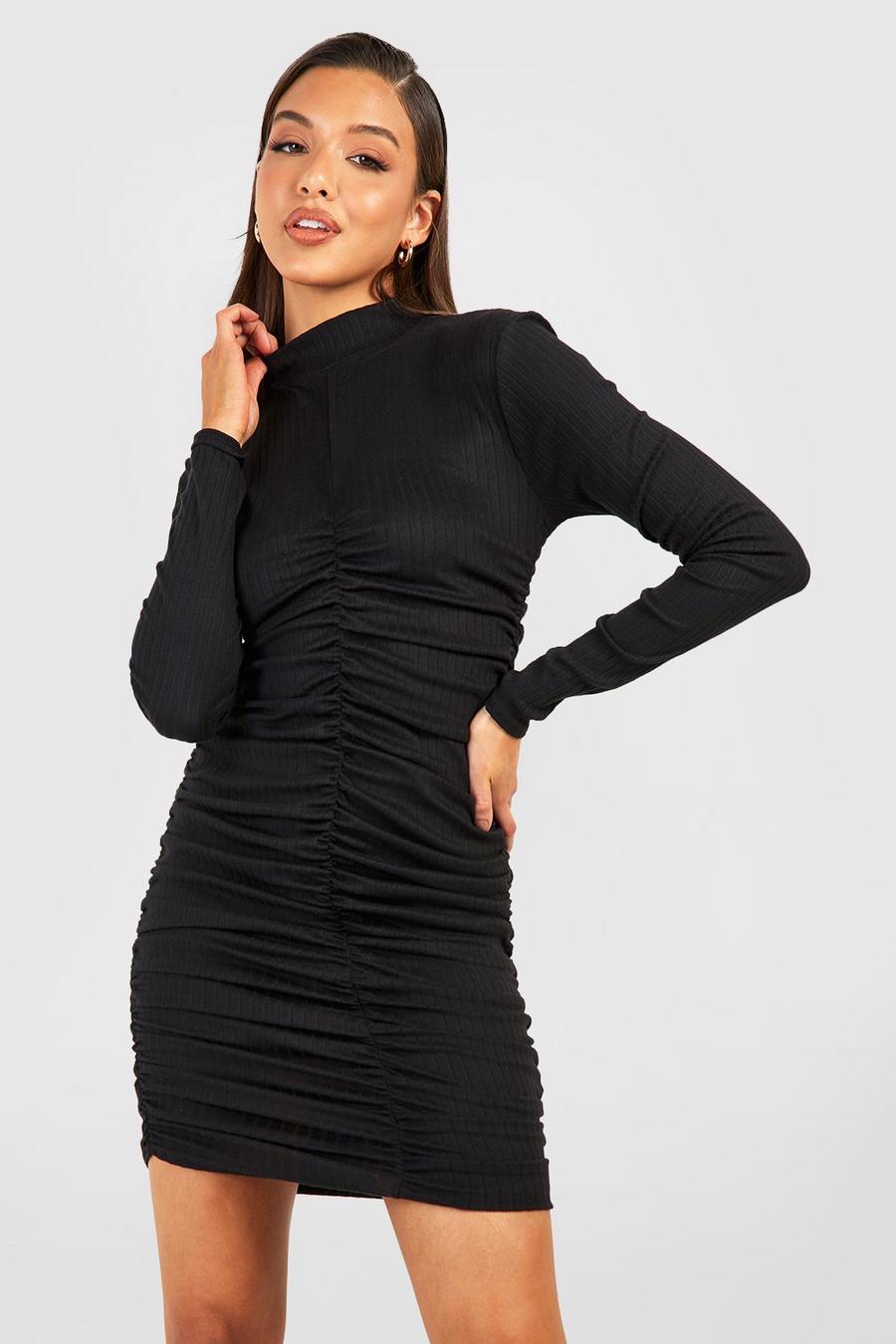 Black Wide Rib Ruched High Neck Bodycon Dress image number 1
