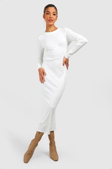 Cream White Wide Rib Midi Dress