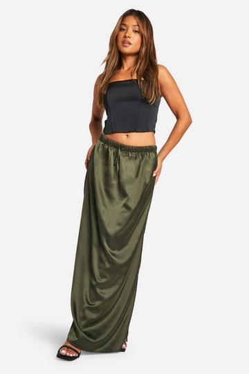 Petite Satin Drawstring Waist Maxi Skirt khaki