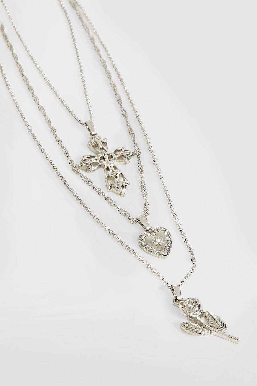 Silver Cross Pendant Triple Necklace 
