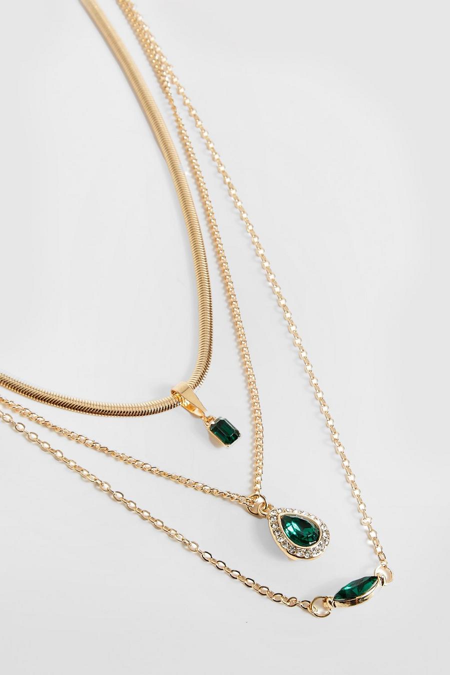 Gold Triple Chain Emerald Necklace 